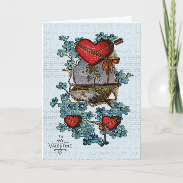 Vintage Valentine Red Hearts, Tree and Lake Card (Front)