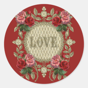 Vintage Valentine Red Pink Roses LOVE Classic Round Sticker