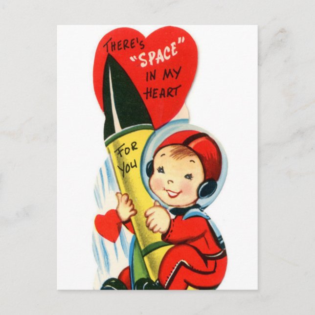Vintage Valentine rocket ship boy holiday postcard (Front)