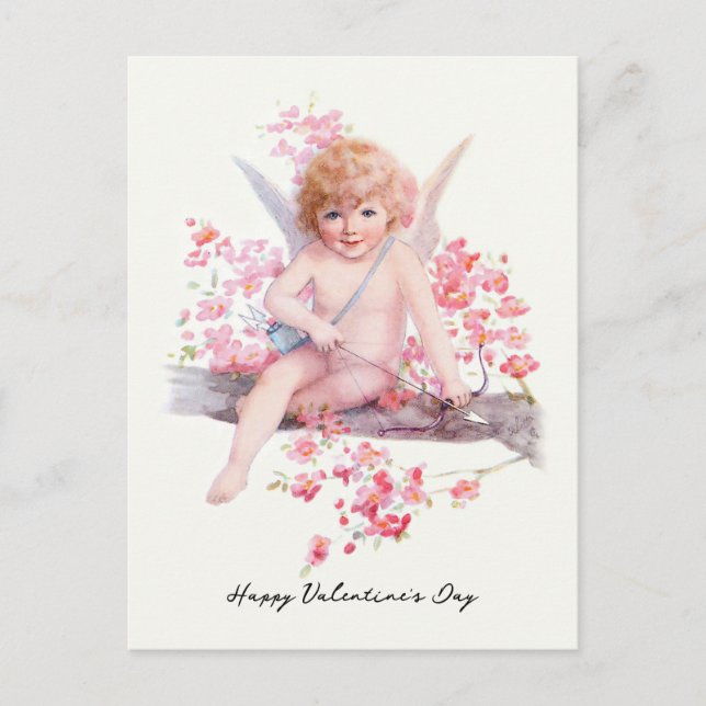 Vintage Valentine Smiling Cupid with Bow Holiday Postcard (Front)