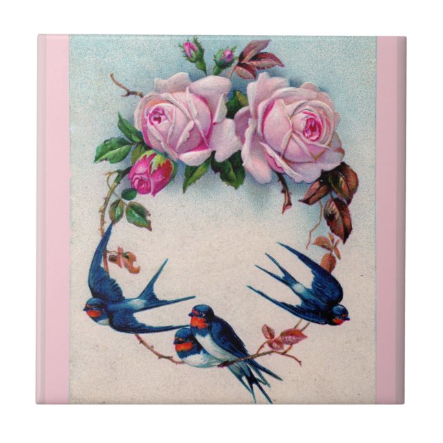 Vintage Valentine with Birds and Roses Tile (Front)