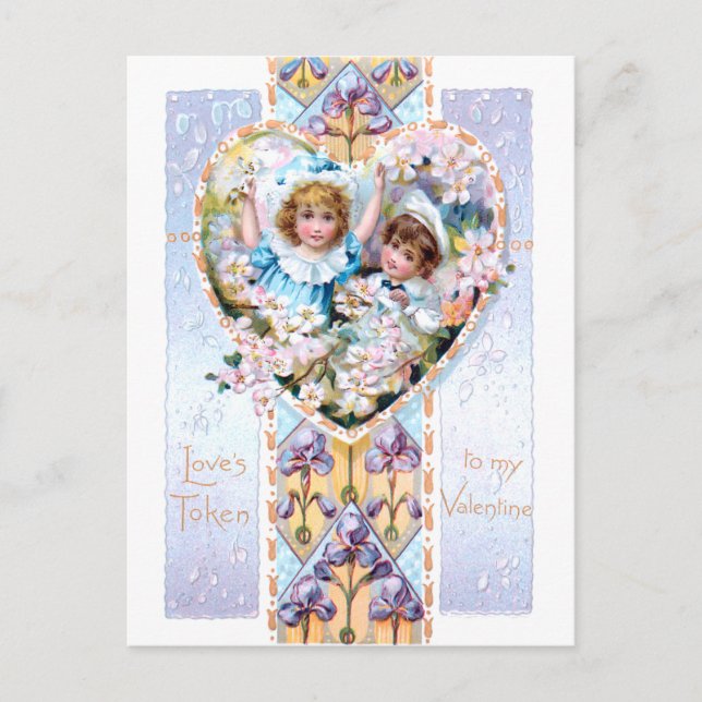 Vintage Valentine with Children and Purple Iris Postcard (Front)