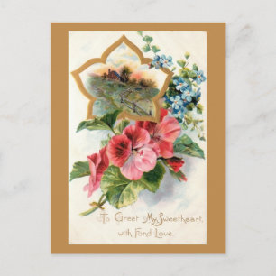 Vintage Valentine with Geraniums Holiday Postcard