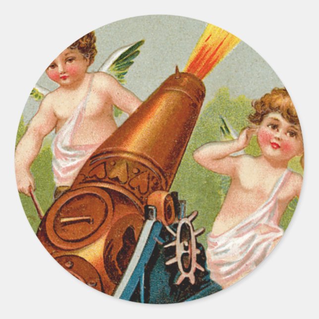 Vintage Valentine with Heart Cannon Classic Round Sticker (Front)