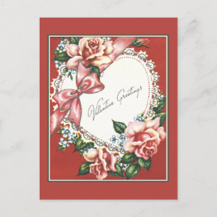 Vintage Valentine With Pink Roses Bow and Heart Holiday Postcard