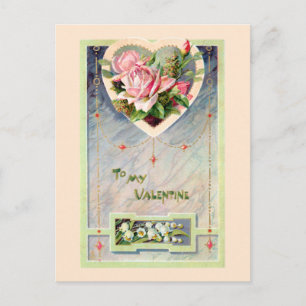 Vintage Valentine with Pink Roses Postcard
