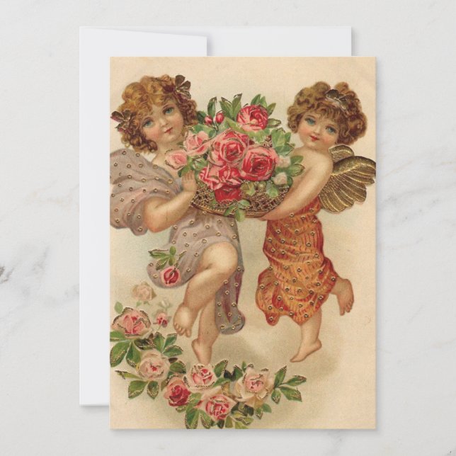 Vintage Valentines Cherubs Holding Flowers Holiday Card (Front)