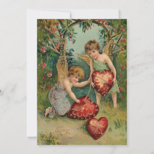 Vintage Valentines Cherubs With Hearts Holiday Card