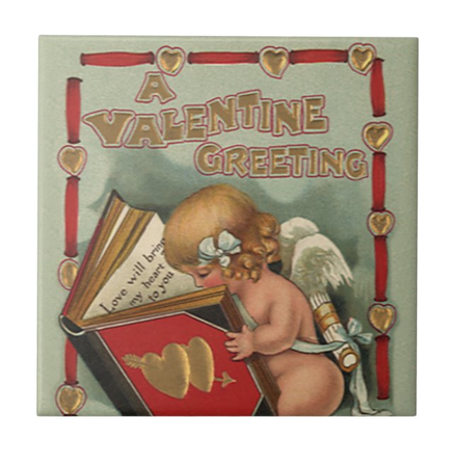 Vintage Valentine's Day Angel, Cupid Reading Book Tile (Front)