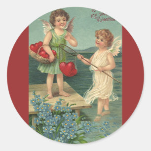 Vintage Valentine's Day, Angels Fishing for Hearts Classic Round Sticker