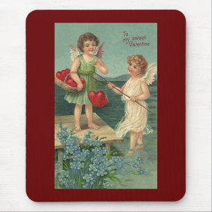 Vintage Valentine's Day, Angels Fishing for Hearts Mouse Mat