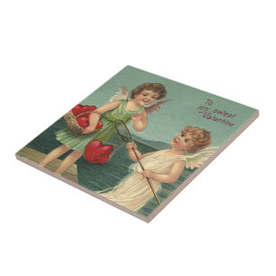 Vintage Valentine's Day, Angels Fishing for Hearts Tile