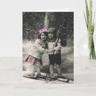 Vintage Valentine's Day, Best Friends on Skis Holiday Card
