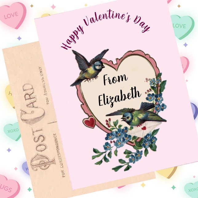 Vintage Valentine's Day Card Bird Flowers Heart (Creator Uploaded)