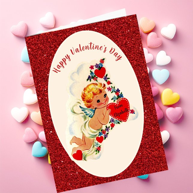 Vintage Valentine's Day Card Red Glitter Cupid  (Creator Uploaded)