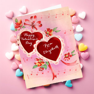 Vintage Valentine's Day Card Red Hearts and Music