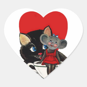 Vintage Valentine's Day, Cat Mouse Tea Cup Heart Heart Sticker