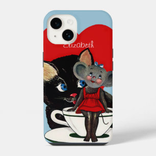 Vintage Valentine's Day, Cat Mouse Tea Cup Heart iPhone 14 Case