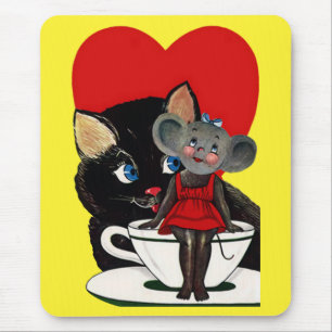 Vintage Valentine's Day, Cat Mouse Tea Cup Heart Mouse Mat