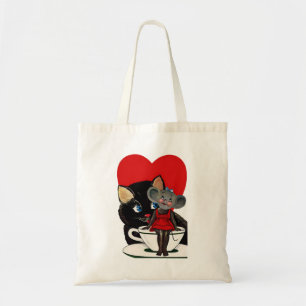 Vintage Valentine's Day, Cat Mouse Tea Cup Heart Tote Bag