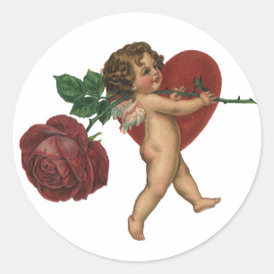 Vintage Valentine's Day Cherub and Victorian Rose Classic Round Sticker