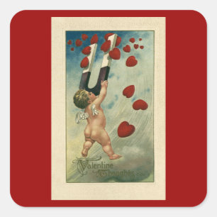 Vintage Valentine's Day, Cherub with Magnet Hearts Square Sticker