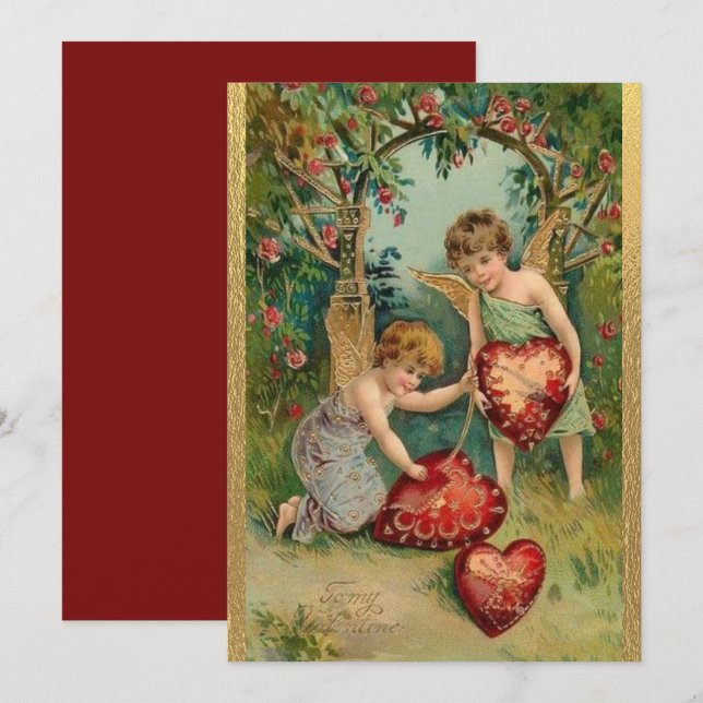 Vintage Valentine's Day Cherubs Heart Gold Holiday Card (Front/Back)