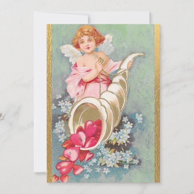 Vintage Valentine's Day Cherubs Hearts Gold Holiday Card (Front)