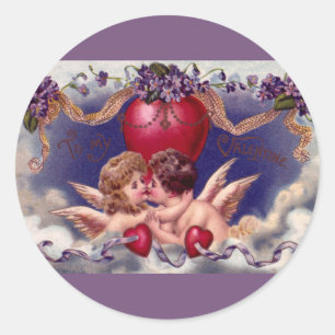 Vintage Valentine's Day, Cherubs Hug in Clouds Classic Round Sticker