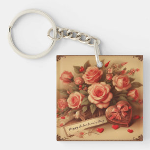Vintage Valentine's Day Chocolates and Flowers Key Ring