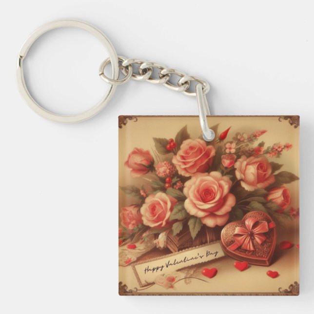 Vintage Valentine's Day Chocolates and Flowers Key Ring (Front)