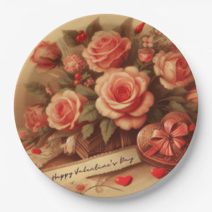 Vintage Valentine's Day Chocolates and Flowers Paper Plate
