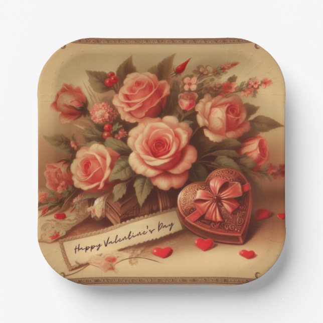 Vintage Valentine's Day Chocolates and Flowers Paper Plate (Front)
