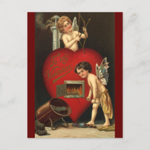 Vintage Valentines Day Cupid, Angels Burning Love Holiday Postcard