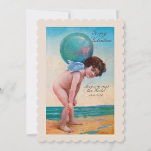 Vintage Valentine's Day Cupid Holding Globe Holiday Card