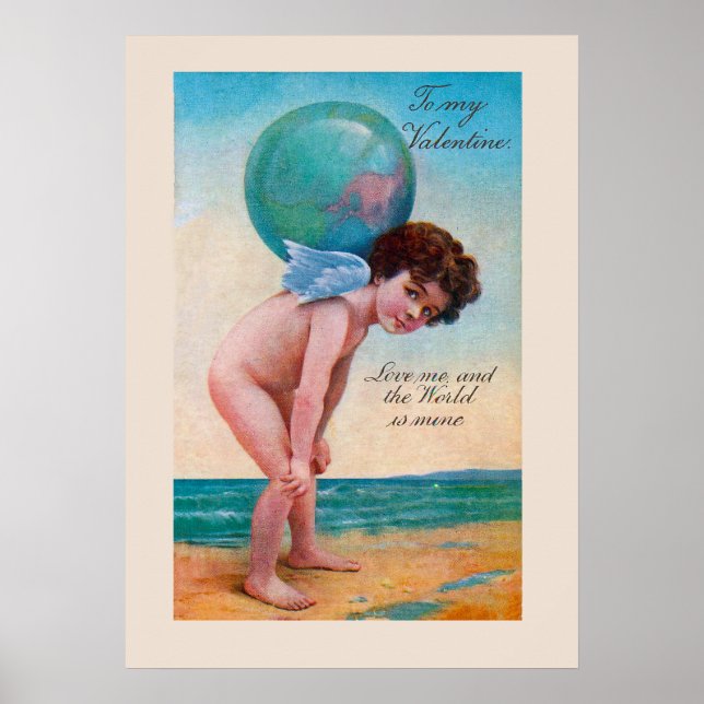 Vintage Valentine's Day Cupid Holding Globe Poster (Front)