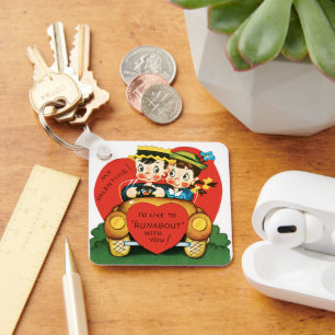 Vintage Valentine's Day, Cute Boy and Girl in Car Key Ring