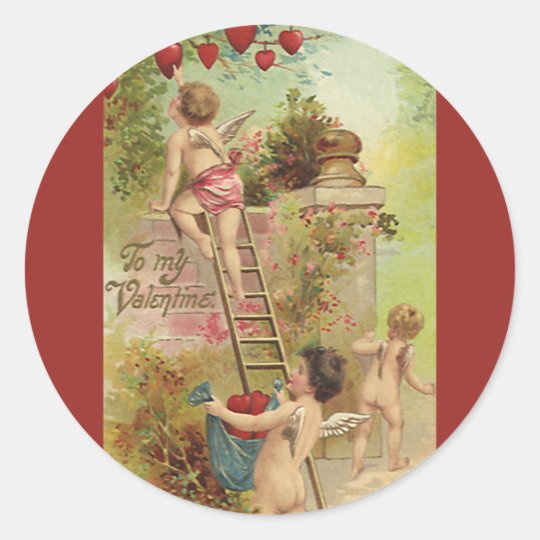 Vintage Valentine's Day, Cute Cherubs Climb Ladder Classic Round Sticker