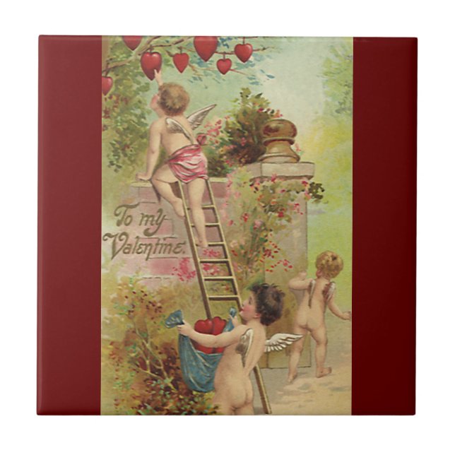 Vintage Valentine's Day, Cute Cherubs Climb Ladder Tile (Front)