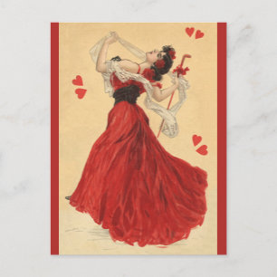 Vintage Valentine's Day, Dancing Lady Red Hearts Holiday Postcard
