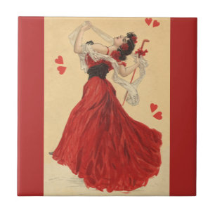 Vintage Valentine's Day, Dancing Lady Red Hearts Tile