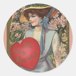 Vintage Valentine's Day, Elegant Lady with Heart Classic Round Sticker
