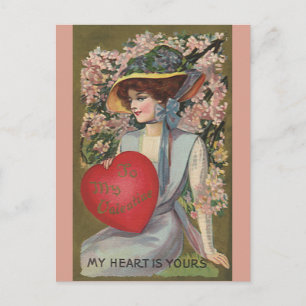Vintage Valentine's Day, Elegant Lady with Heart Holiday Postcard