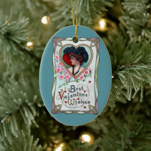 Vintage Valentine's Day, Elegant Woman in a Heart Ceramic Tree Decoration