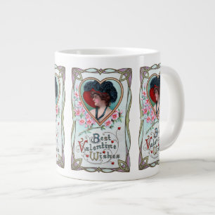 Vintage Valentine's Day, Elegant Woman in a Heart Large Coffee Mug