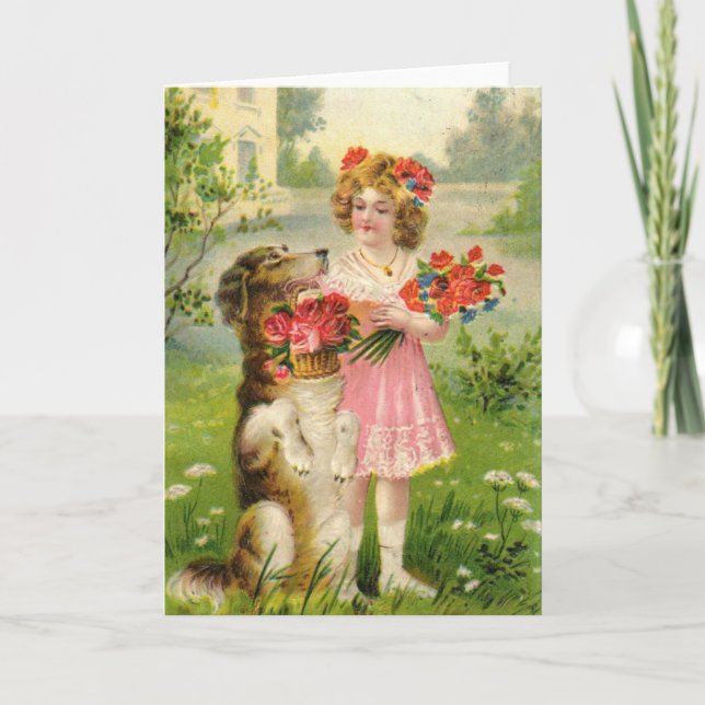 Vintage Valentines Day Girl and Dog Holiday Card (Front)