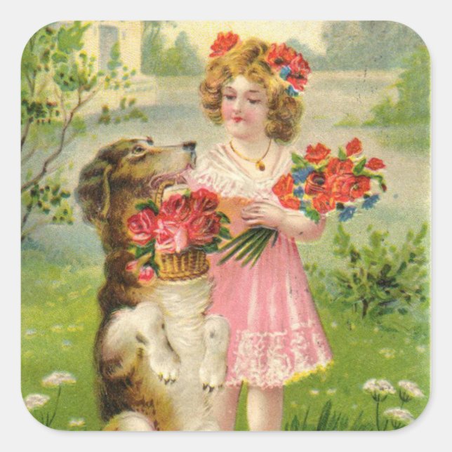 Vintage Valentines Day Girl and Dog Square Sticker (Front)