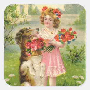 Vintage Valentines Day Girl and Dog Square Sticker