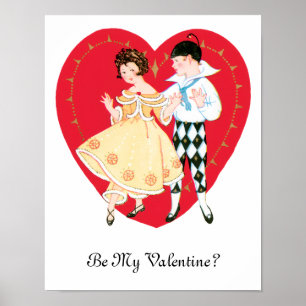 Vintage Valentine's Day, Girl, Harlequin and Heart Poster
