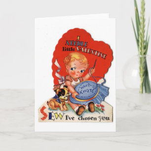 Vintage Valentine's Day Girl Sewing Holiday Card